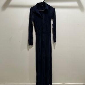 ASOS DESIGN plisse long sleeve shirt jumpsuit in navy